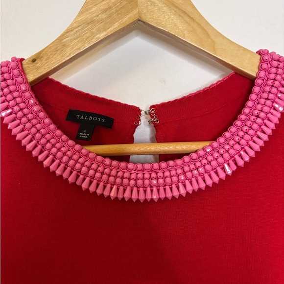 Talbots Beaded Crewneck Pullover Red Cotton Pink Beads - Picture 7 of 8